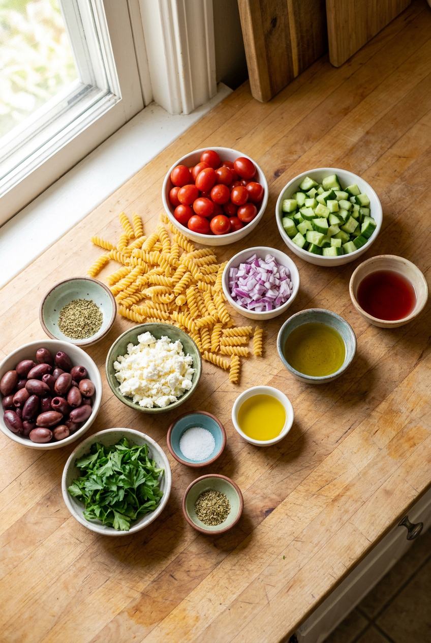 ingredients for Mediterranean Rotini Pasta Salad
