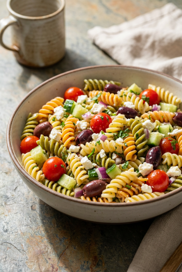mediterranean rotini pasta salad recipe - Mediterranean Rotini Pasta Salad served in a white bowl overhead view