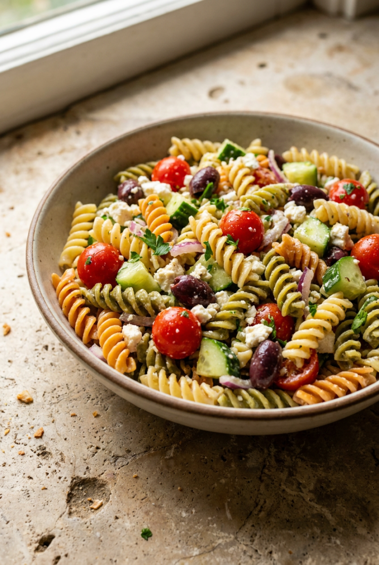mediterranean rotini pasta salad recipe - Mediterranean Rotini Pasta Salad served in a white bowl overhead view