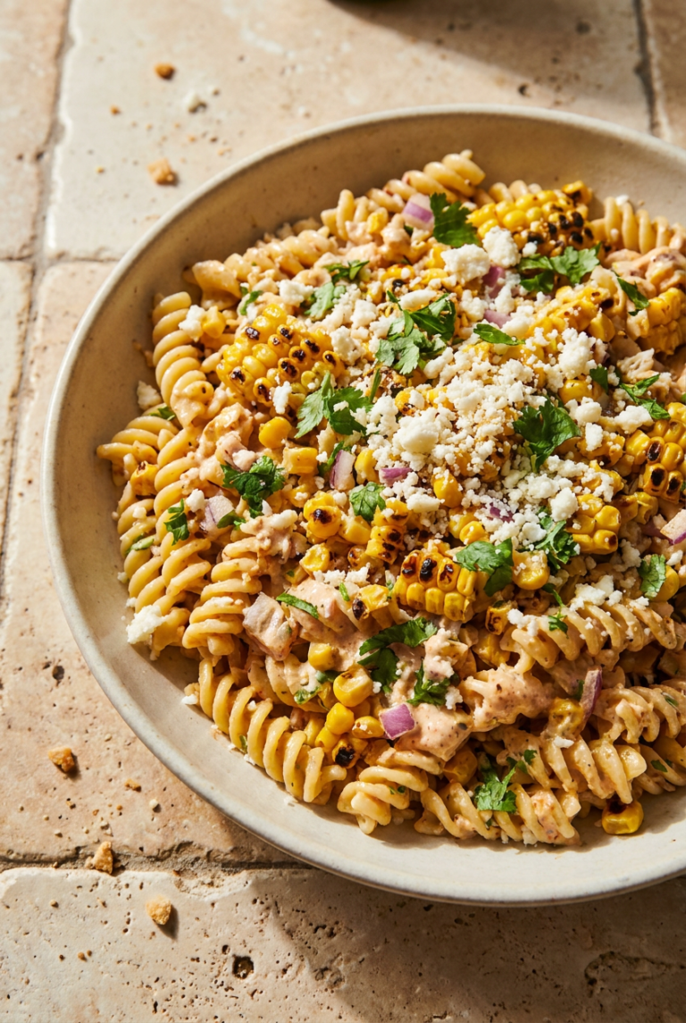 mexican street corn pasta salad recipe - Mexican Street Corn Pasta Salad served in a white bowl overhead view