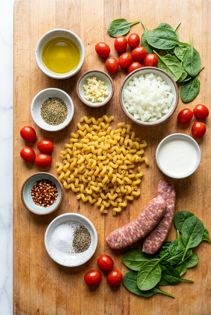ingredients for One-Pan Creamy Tomato Cavatappi with Sausage and Spinach