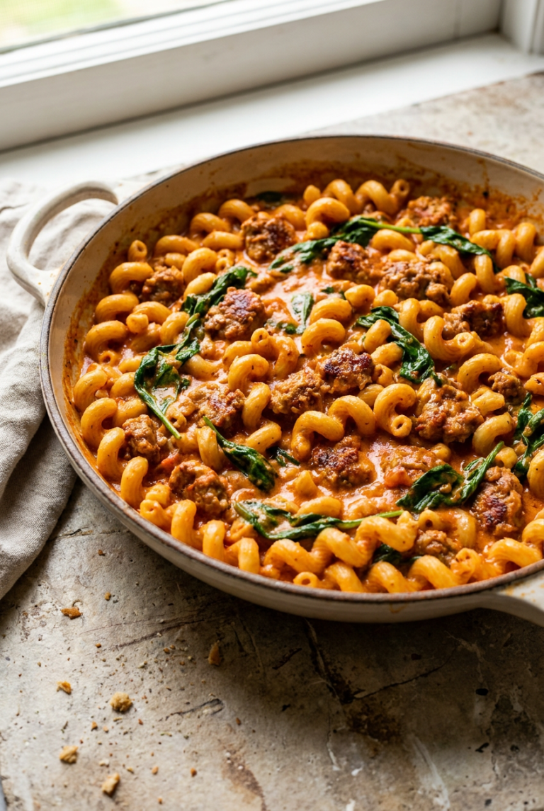 one-pan creamy tomato cavatappi with sausage and spinach recipe - One-Pan Creamy Tomato Cavatappi with Sausage and Spinach served in a white bowl overhead view