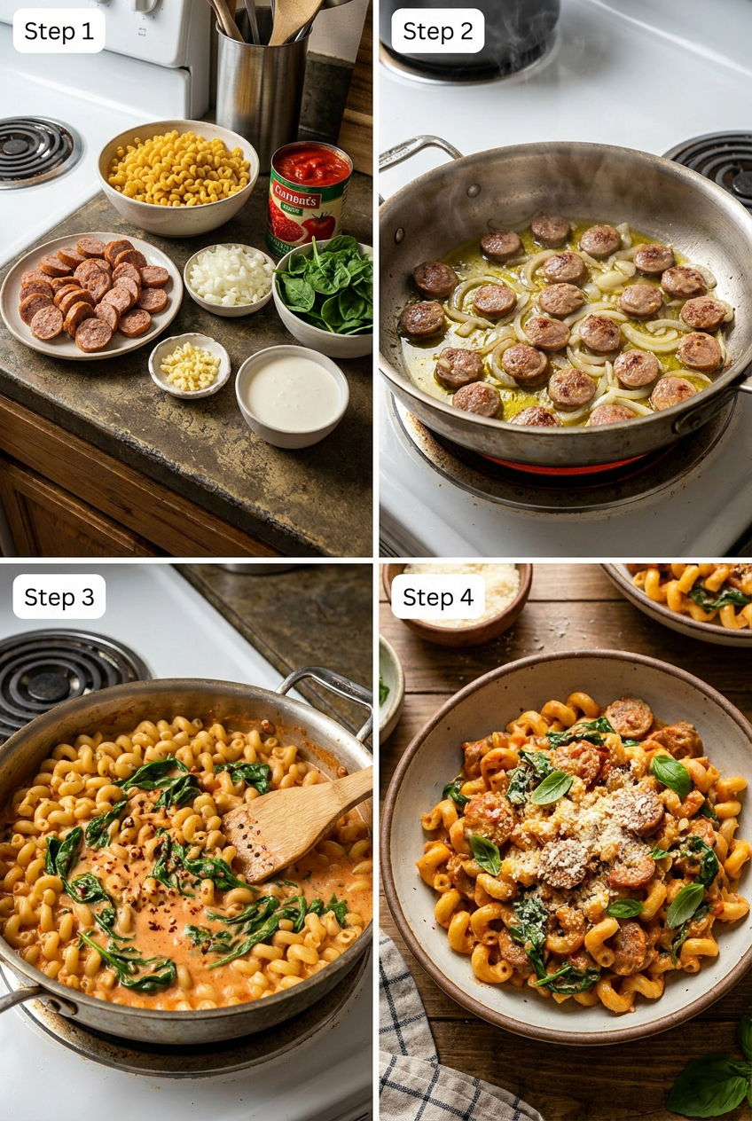 how to make One-Pan Creamy Tomato Cavatappi with Sausage and Spinach step by step