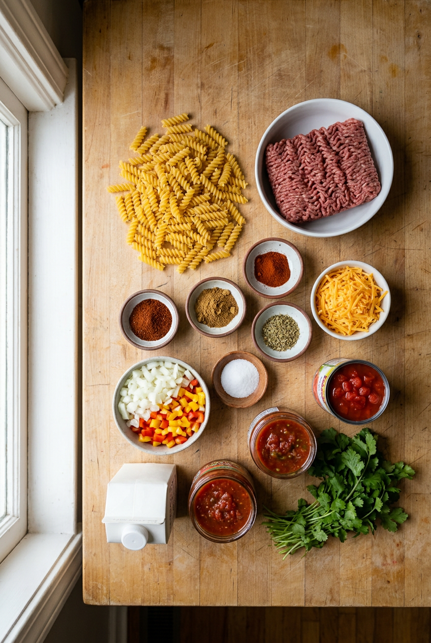 ingredients for One-Pot Creamy Taco Pasta
