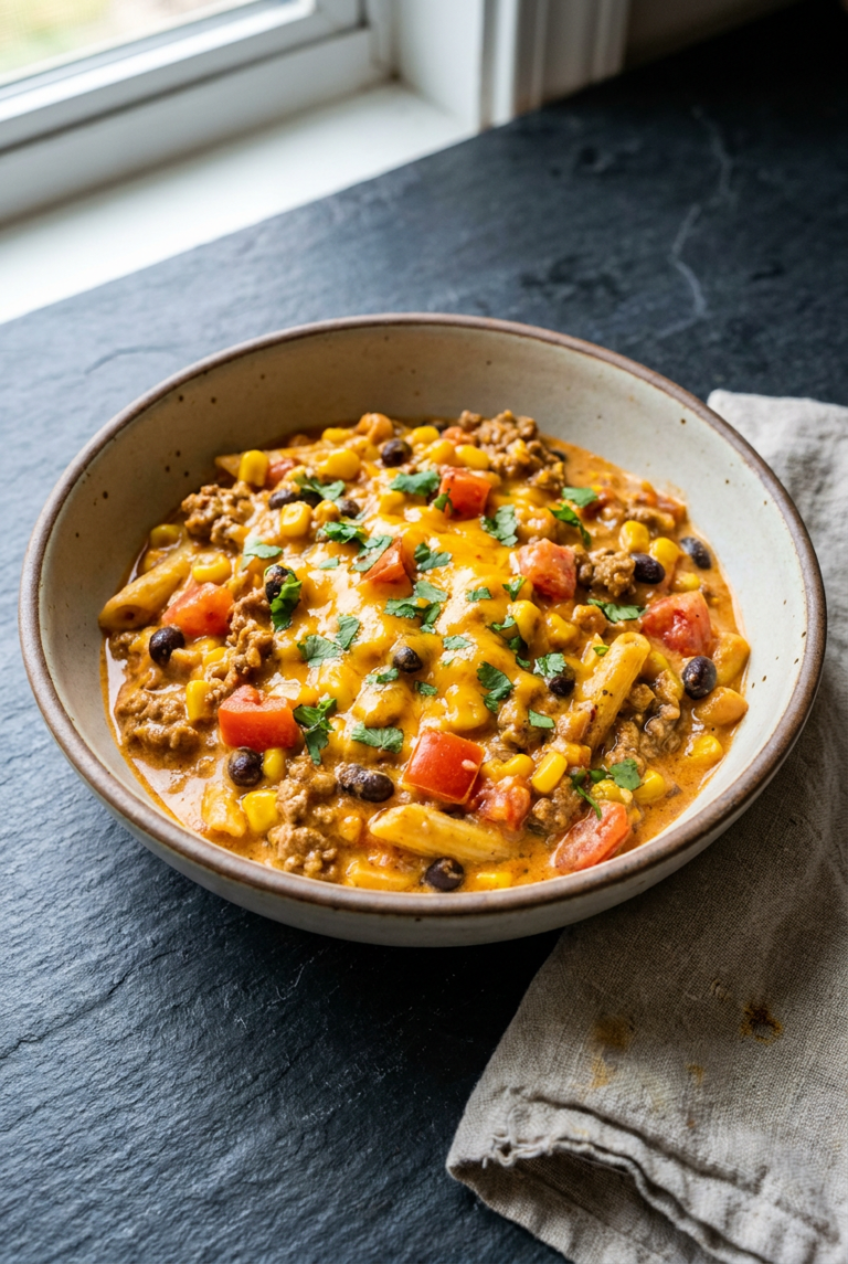 one-pot creamy taco pasta recipe - One-Pot Creamy Taco Pasta served in a white bowl overhead view