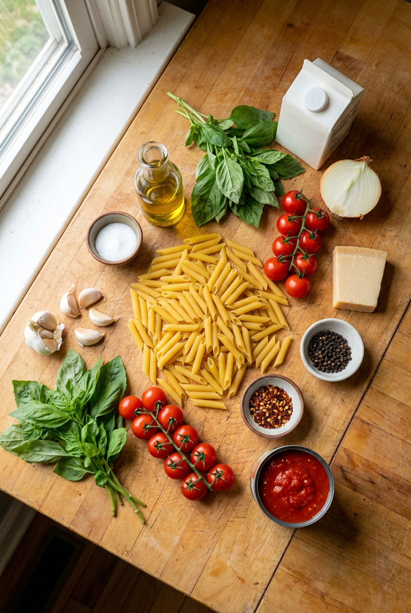 ingredients for One-Pot Creamy Tomato Basil Pasta