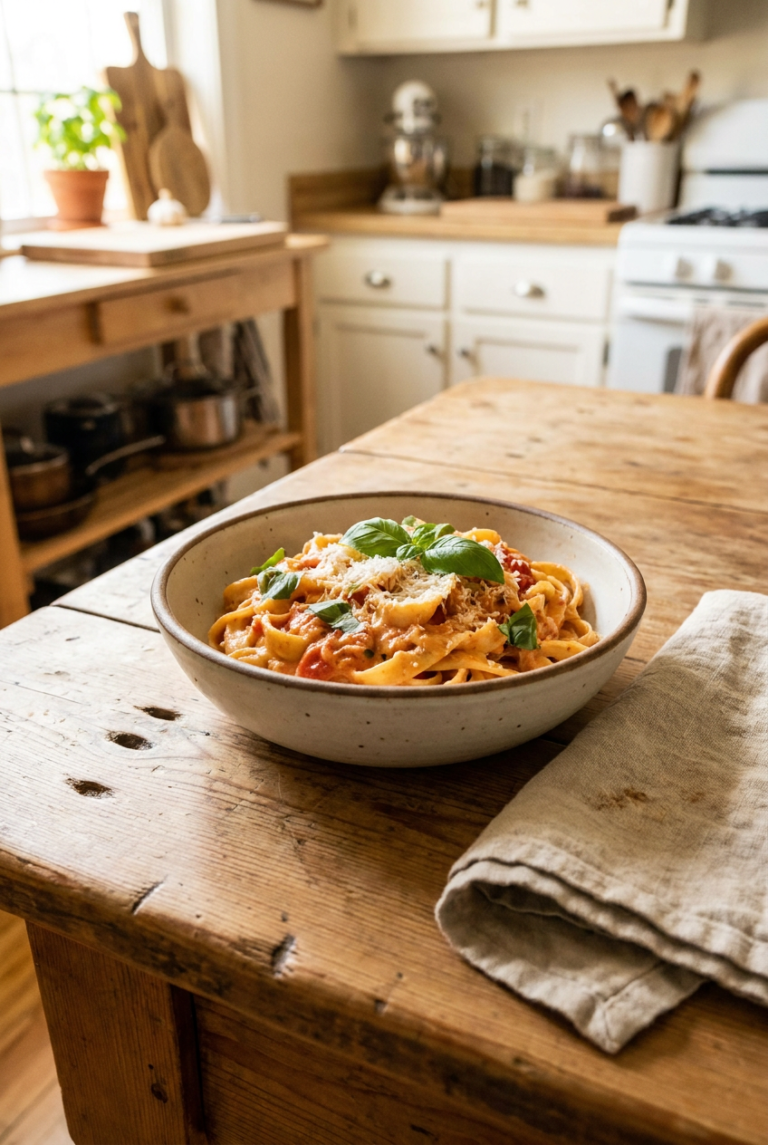 one-pot creamy tomato basil pasta recipe - One-Pot Creamy Tomato Basil Pasta served in a white bowl overhead view