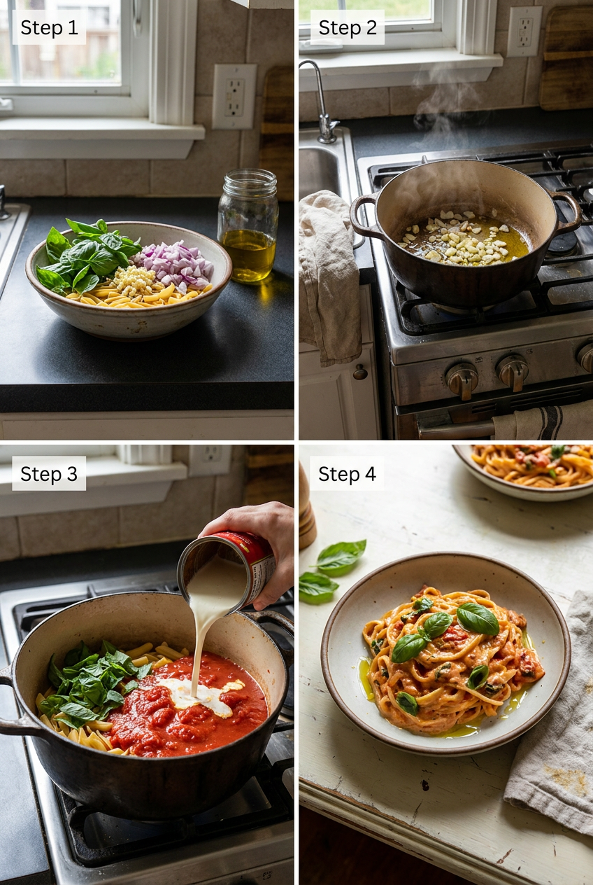 how to make One-Pot Creamy Tomato Basil Pasta step by step