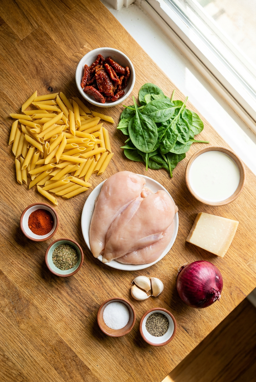 ingredients for One-Pot Creamy Tuscan Chicken Pasta
