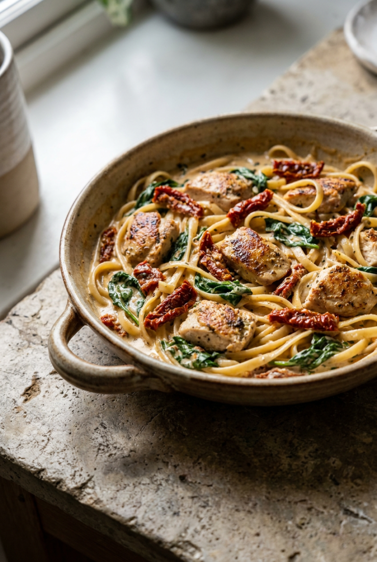 one-pot creamy tuscan chicken pasta recipe - One-Pot Creamy Tuscan Chicken Pasta served in a white bowl overhead view