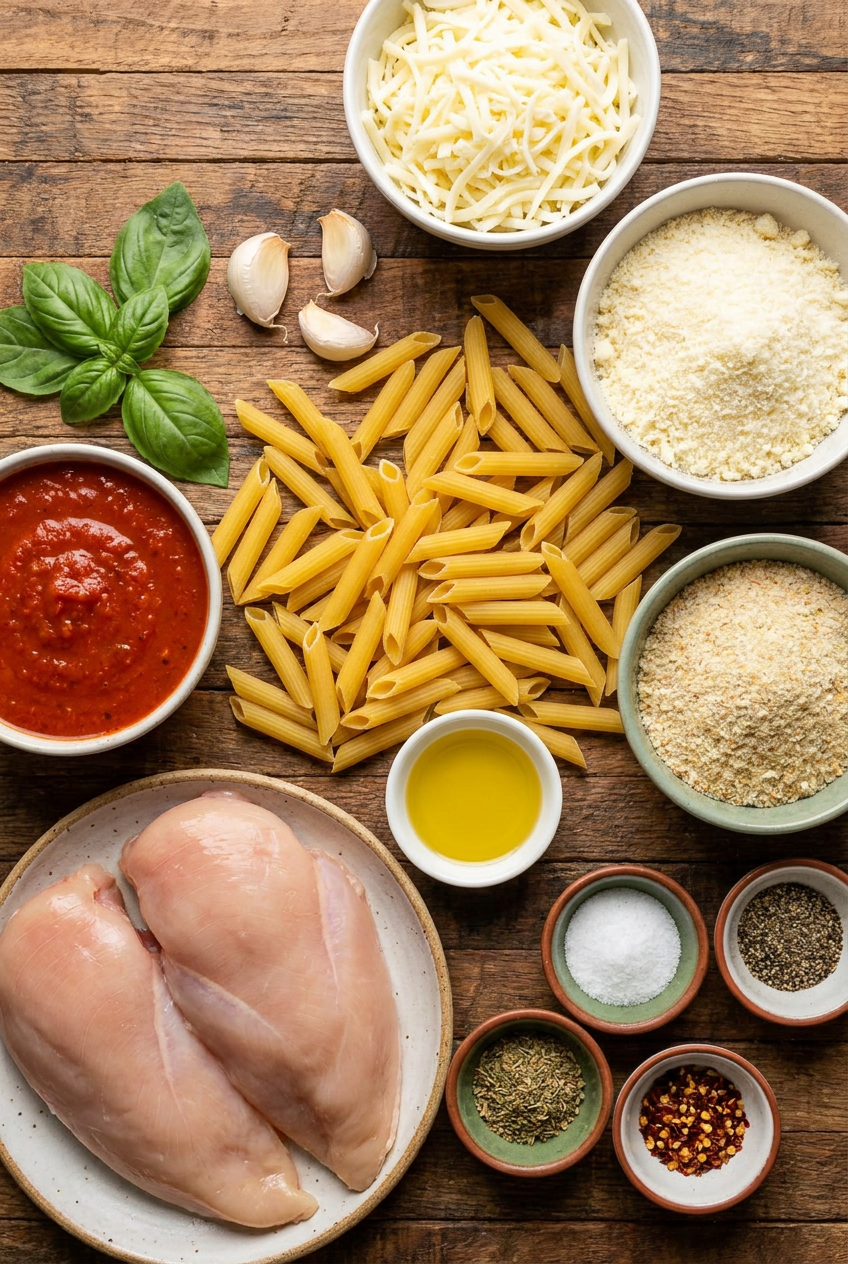ingredients for One-Skillet Chicken Parmesan Pasta