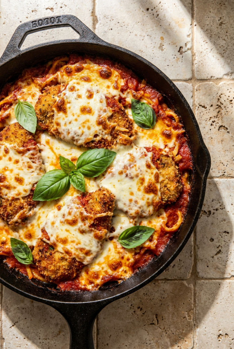 one-skillet chicken parmesan pasta recipe - One-Skillet Chicken Parmesan Pasta served in a white bowl overhead view
