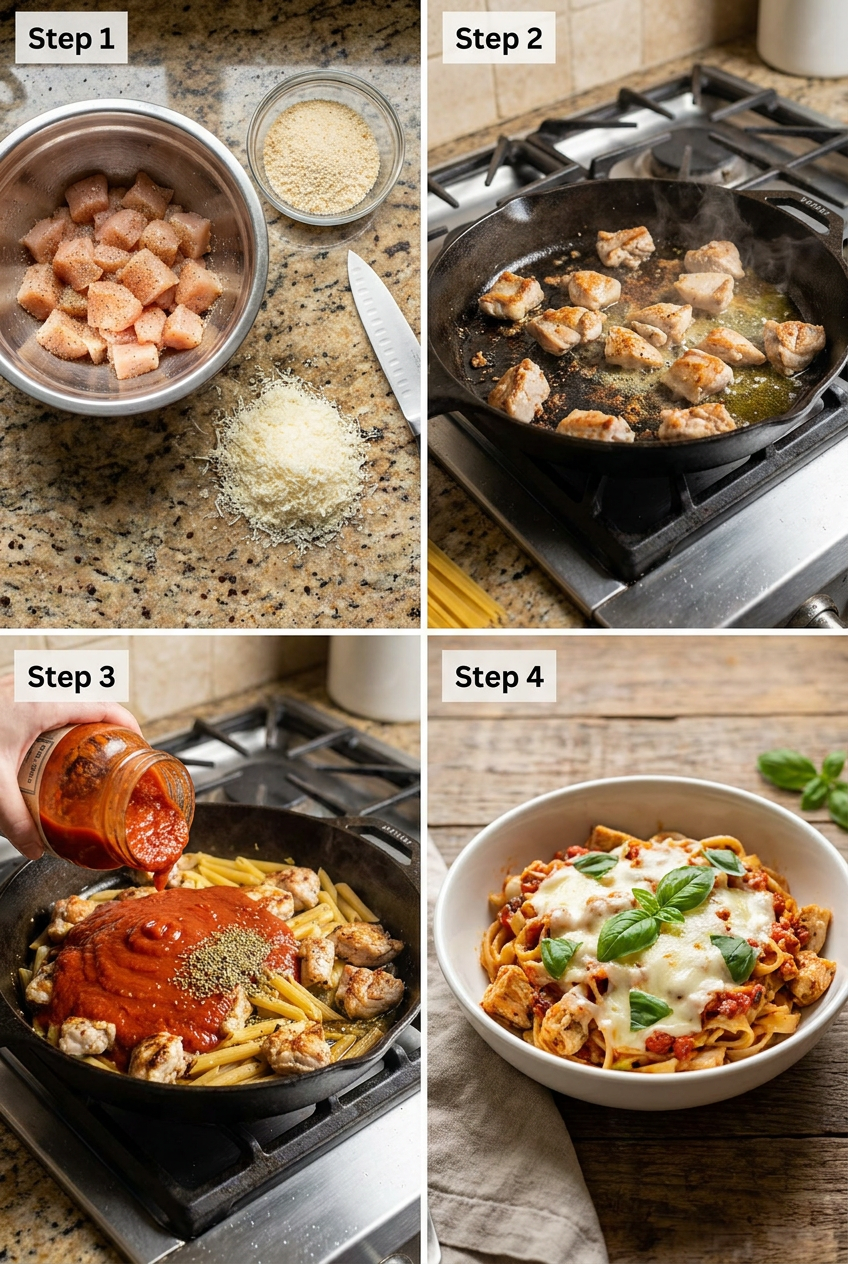 how to make One-Skillet Chicken Parmesan Pasta step by step