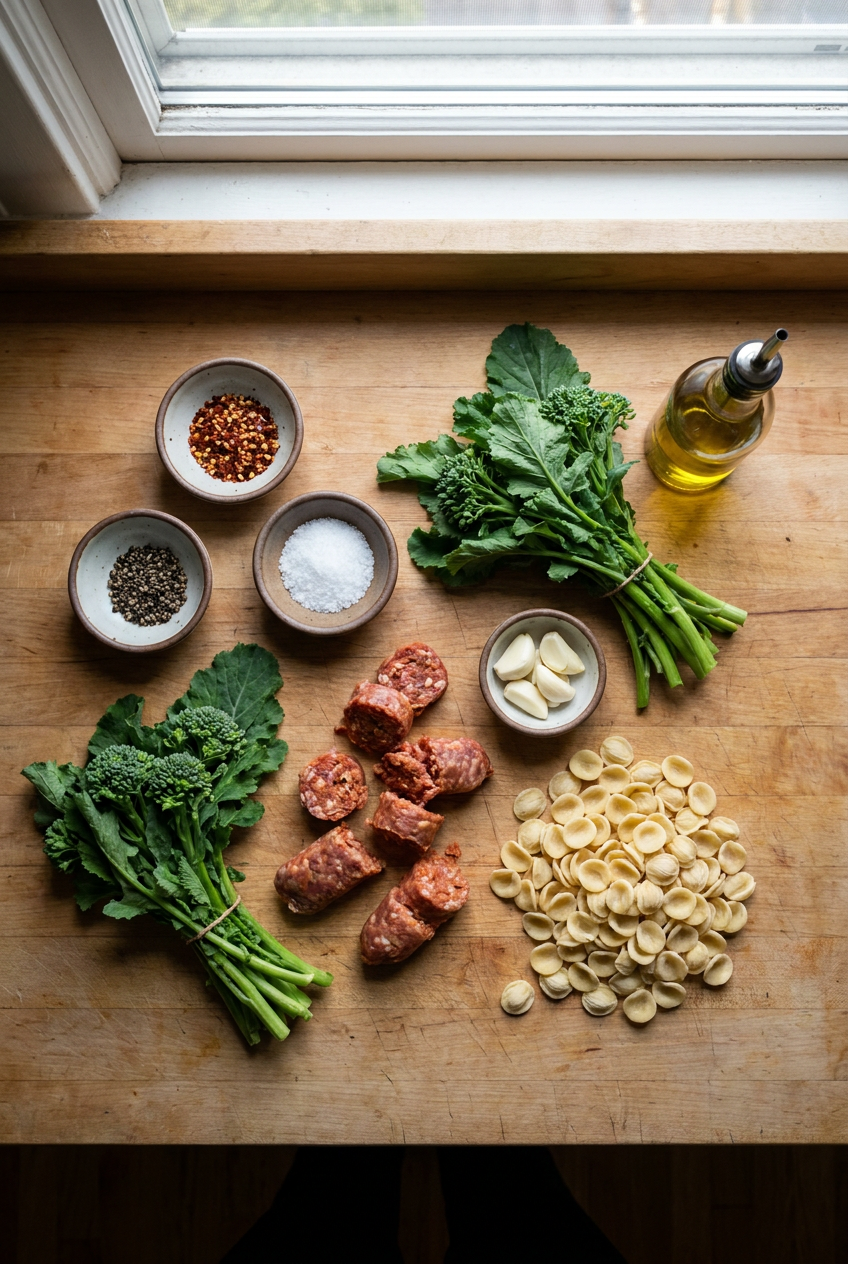 ingredients for Orecchiette with Spicy Sausage & Broccoli Rabe