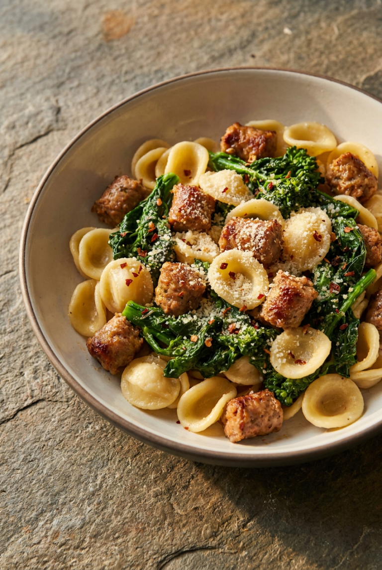 orecchiette with spicy sausage & broccoli rabe recipe - Orecchiette with Spicy Sausage & Broccoli Rabe served in a white bowl overhead view