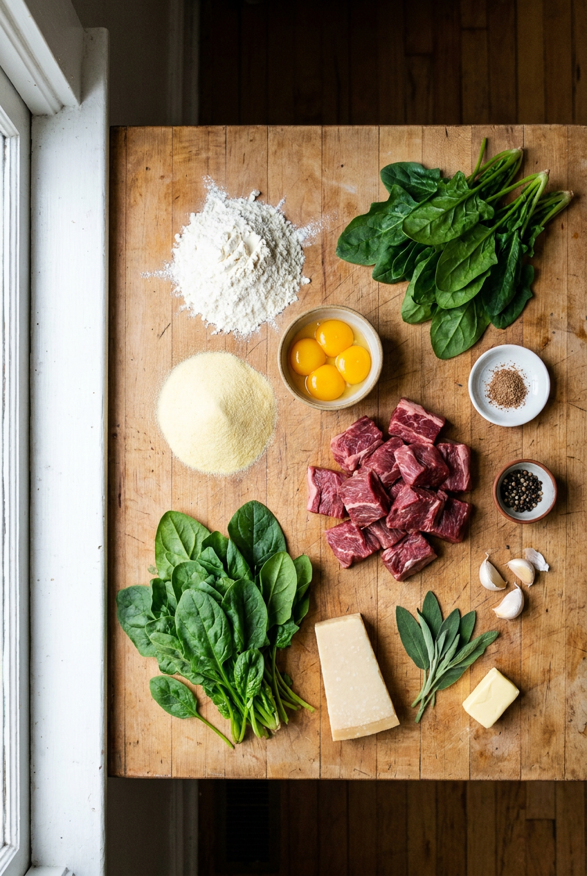 ingredients for Piedmontese Agnolotti del Plin with Braised Beef & Spinach
