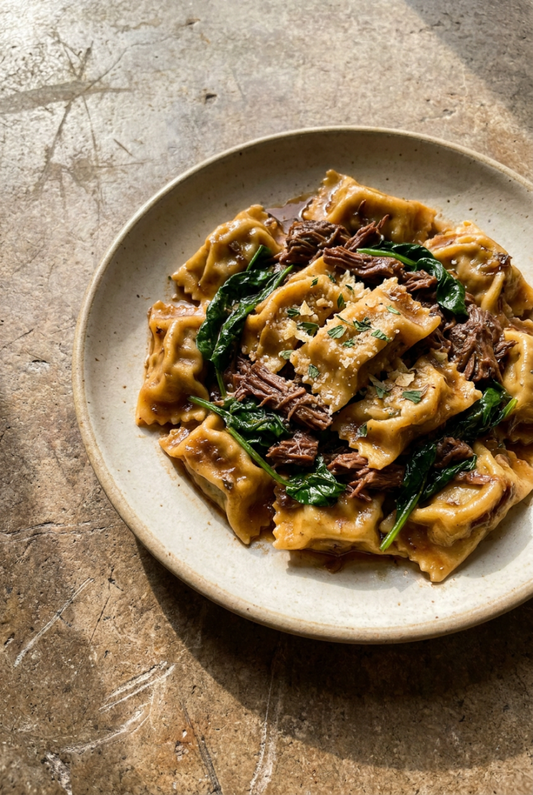 piedmontese agnolotti del plin with braised beef & spinach recipe - Piedmontese Agnolotti del Plin with Braised Beef & Spinach served in a white bowl overhead view