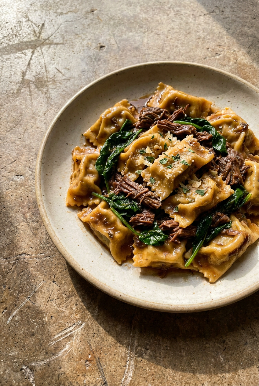 Piedmontese Agnolotti del Plin with Braised Beef & Spinach