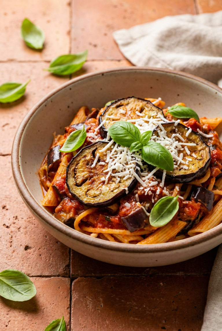 sicilian pasta alla norma recipe - Sicilian Pasta alla Norma served in a white bowl overhead view