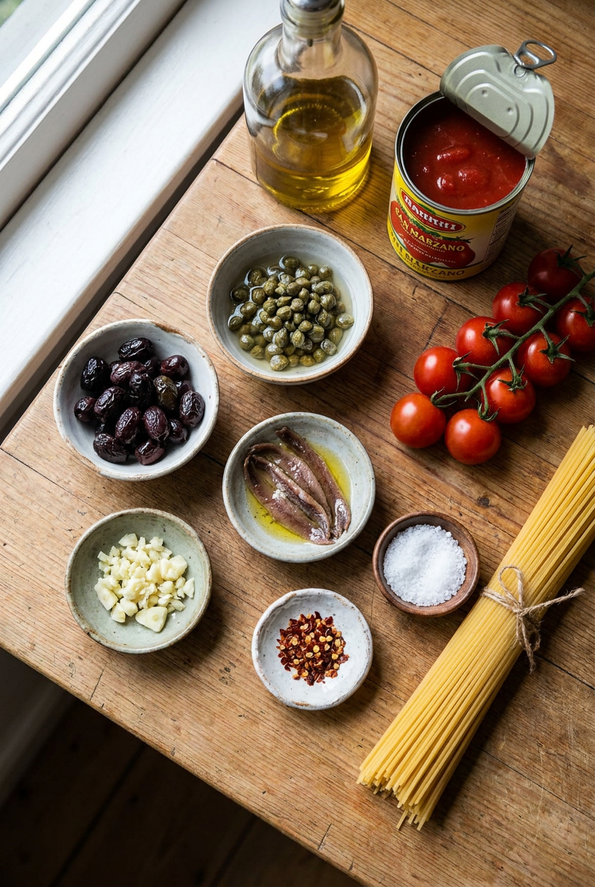 ingredients for Spaghetti alla Puttanesca