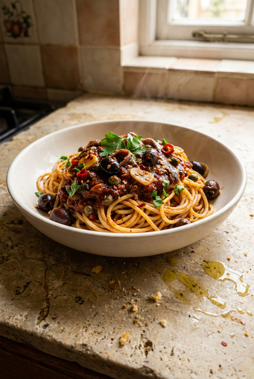 spaghetti alla puttanesca recipe - Spaghetti alla Puttanesca served in a white bowl overhead view
