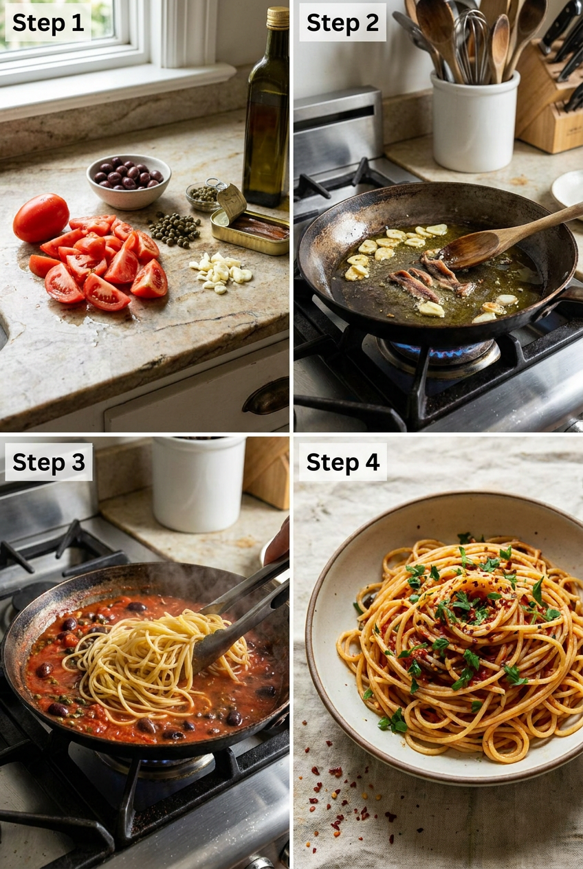 how to make Spaghetti alla Puttanesca step by step
