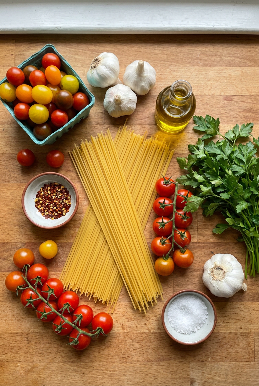 ingredients for Spaghetti with Roasted Cherry Tomato Aglio e Olio