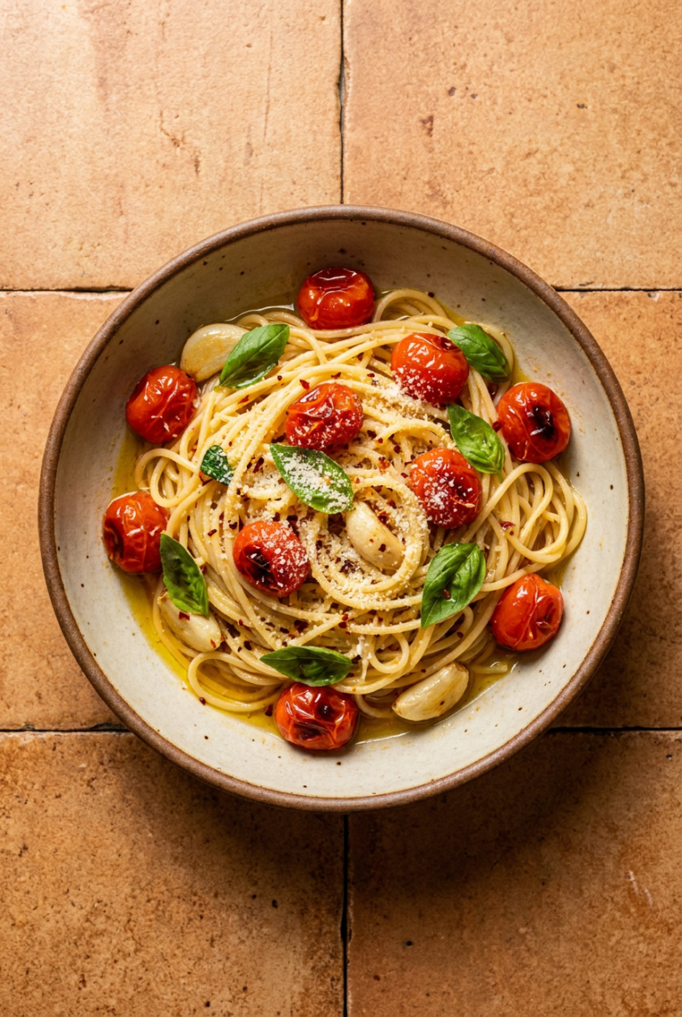 spaghetti with roasted cherry tomato aglio e olio recipe - Spaghetti with Roasted Cherry Tomato Aglio e Olio served in a white bowl overhead view