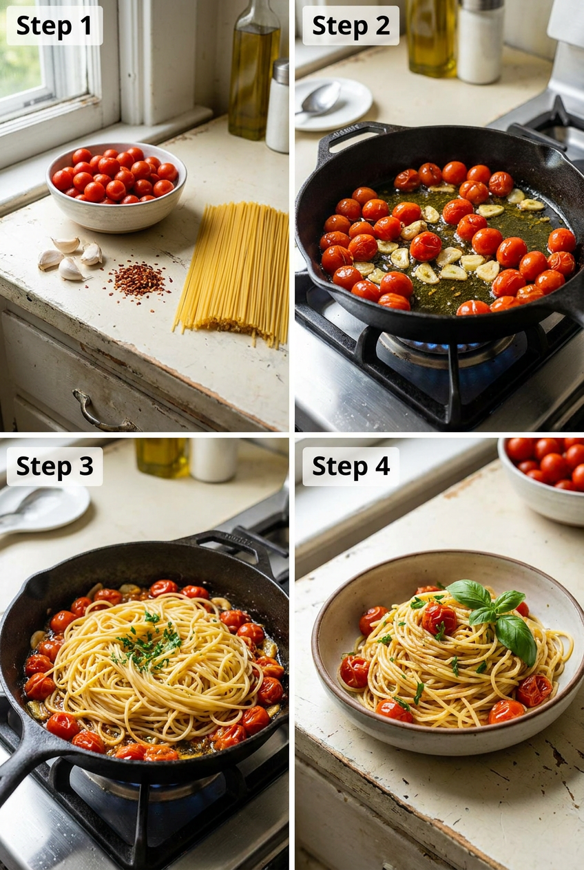 how to make Spaghetti with Roasted Cherry Tomato Aglio e Olio step by step