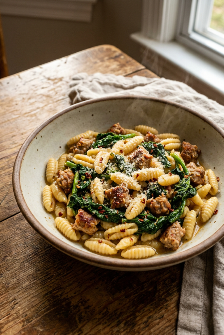 spicy sausage and broccoli rabe cavatelli recipe - Spicy Sausage and Broccoli Rabe Cavatelli served in a white bowl overhead view
