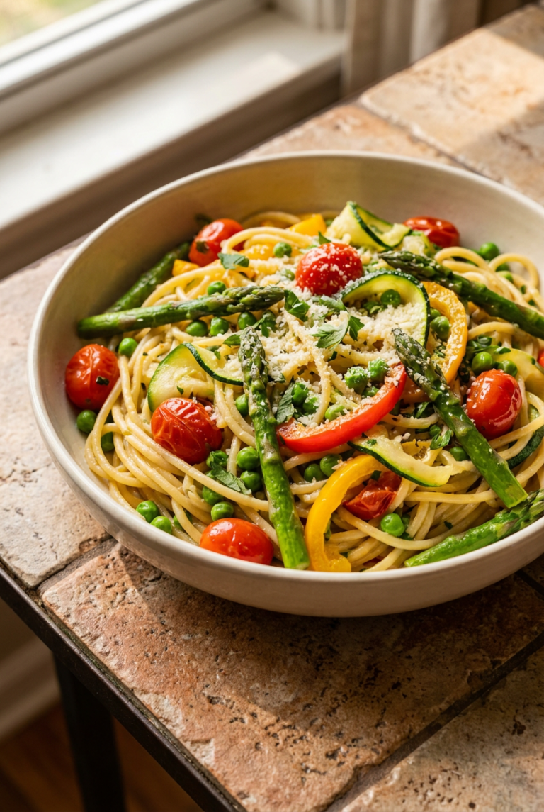 spring garden primavera pasta recipe - Spring Garden Primavera Pasta served in a white bowl overhead view