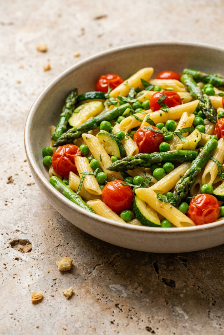 spring radiance pasta primavera recipe - Spring Radiance Pasta Primavera served in a white bowl overhead view