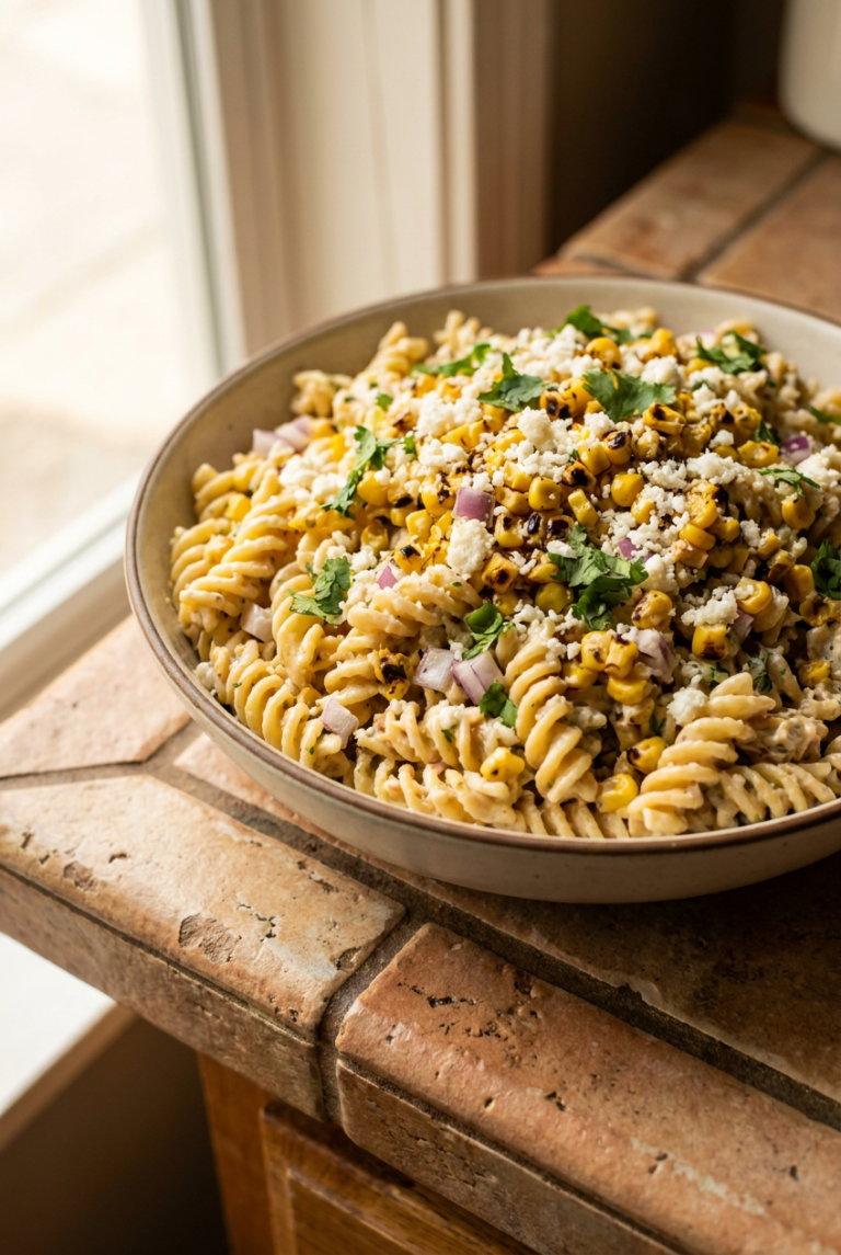 street corn pasta salad recipe - Street Corn Pasta Salad served in a white bowl overhead view