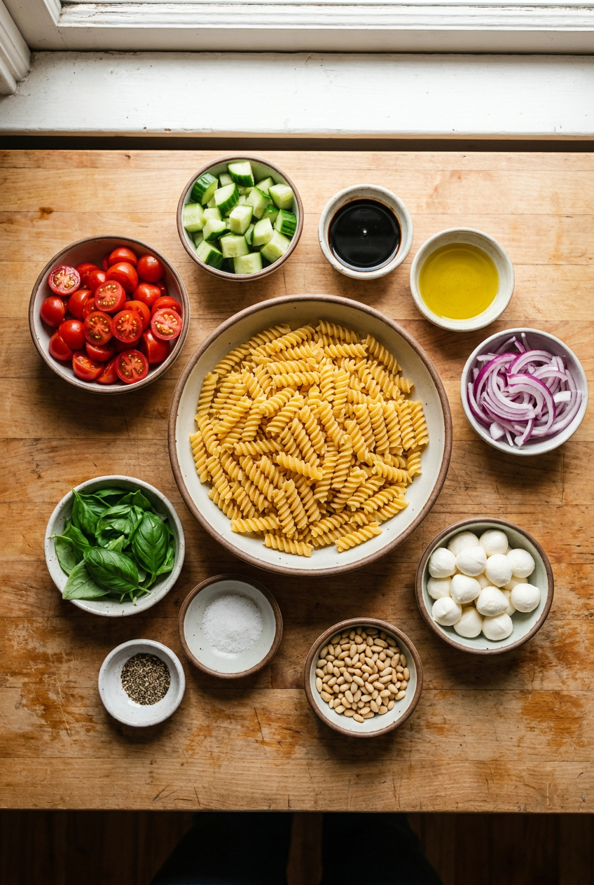 ingredients for Summer Balsamic Pasta Salad