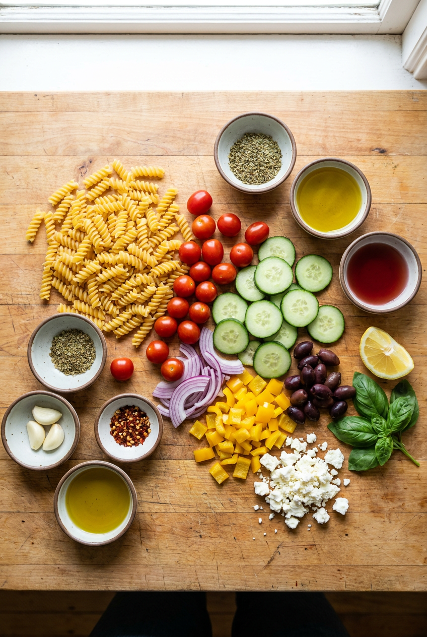 ingredients for Summer Rotini Pasta Salad with Zesty Italian Dressing