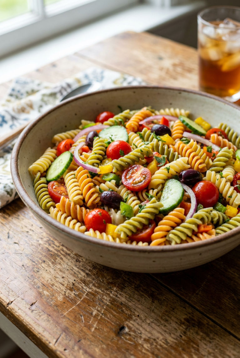 summer rotini pasta salad with zesty italian dressing recipe - Summer Rotini Pasta Salad with Zesty Italian Dressing served in a white bowl overhead view