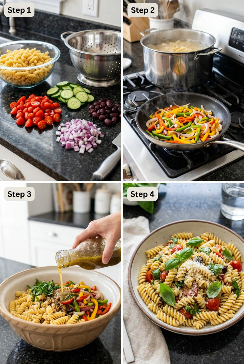 how to make Summer Rotini Pasta Salad with Zesty Italian Dressing step by step