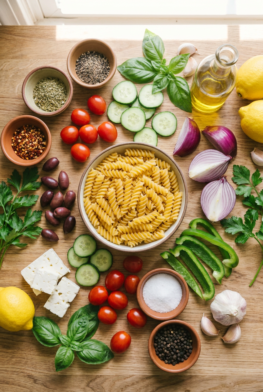 ingredients for Sun Drenched Mediterranean Pasta Salad with Lemon Herb Vinaigrette
