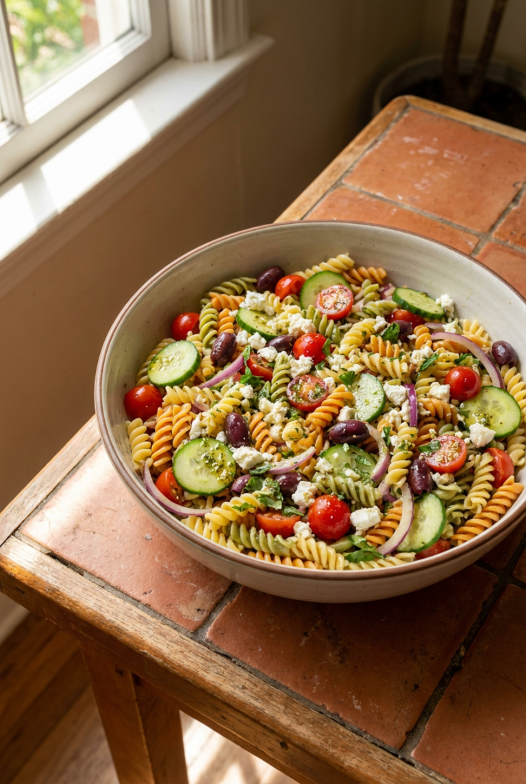 sun-drenched mediterranean pasta salad with lemon-herb vinaigrette recipe - Sun-Drenched Mediterranean Pasta Salad with Lemon-Herb Vinaigrette served in a white bowl overhead view