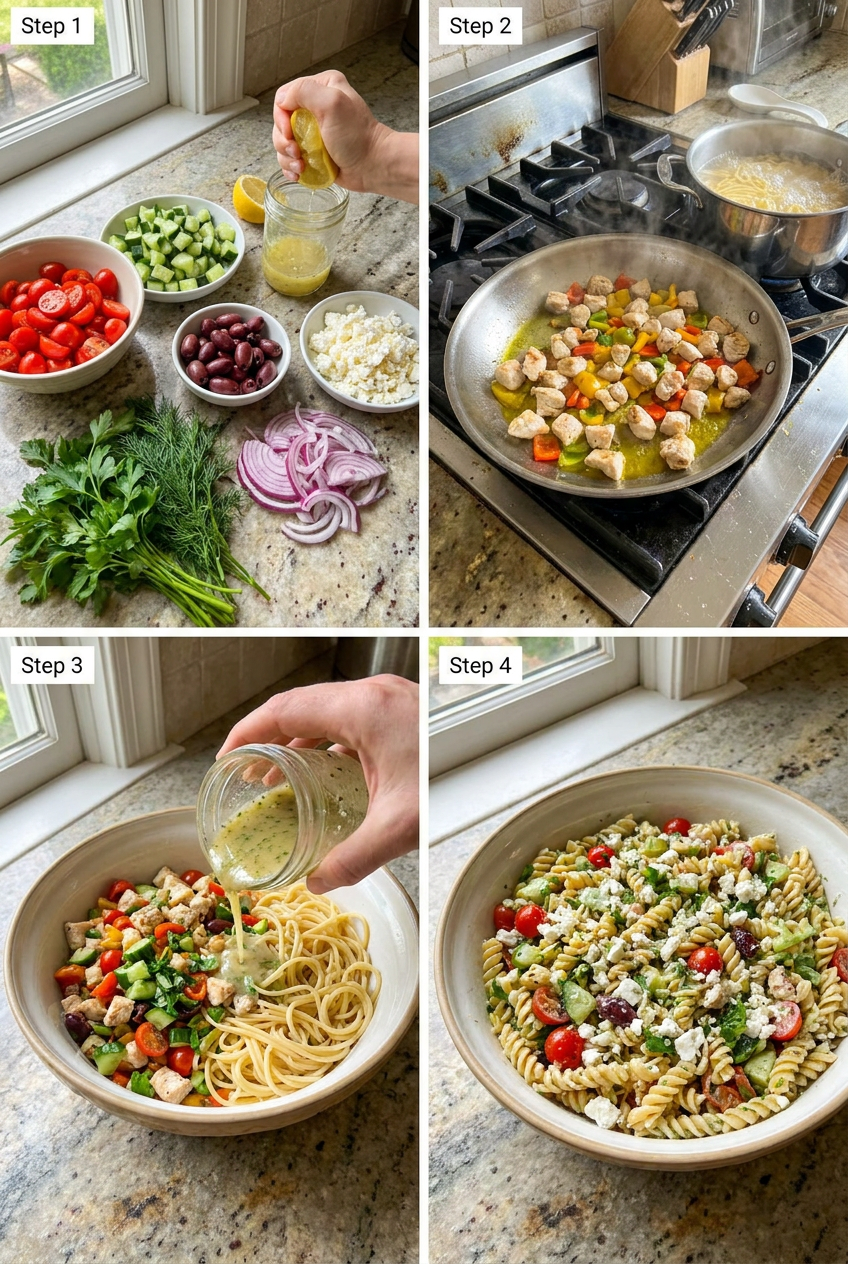 how to make Sun Drenched Mediterranean Pasta Salad with Lemon Herb Vinaigrette step by step