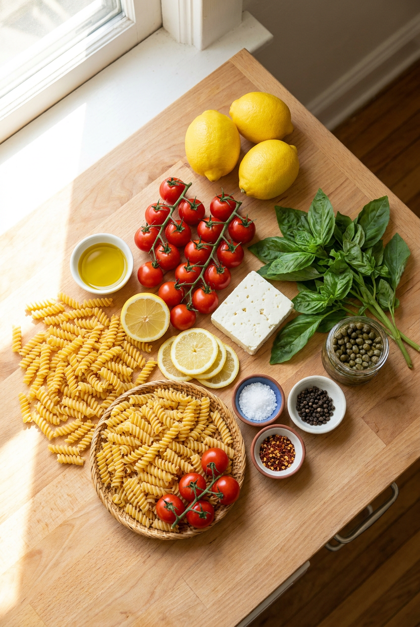 ingredients for Sun-Drenched Summer Lemon Basil Pasta Salad