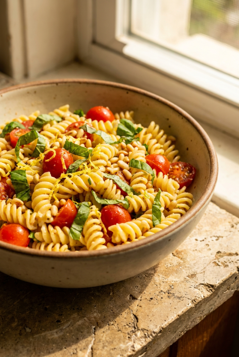 sun-drenched summer lemon basil pasta salad recipe - Sun-Drenched Summer Lemon Basil Pasta Salad served in a white bowl overhead view
