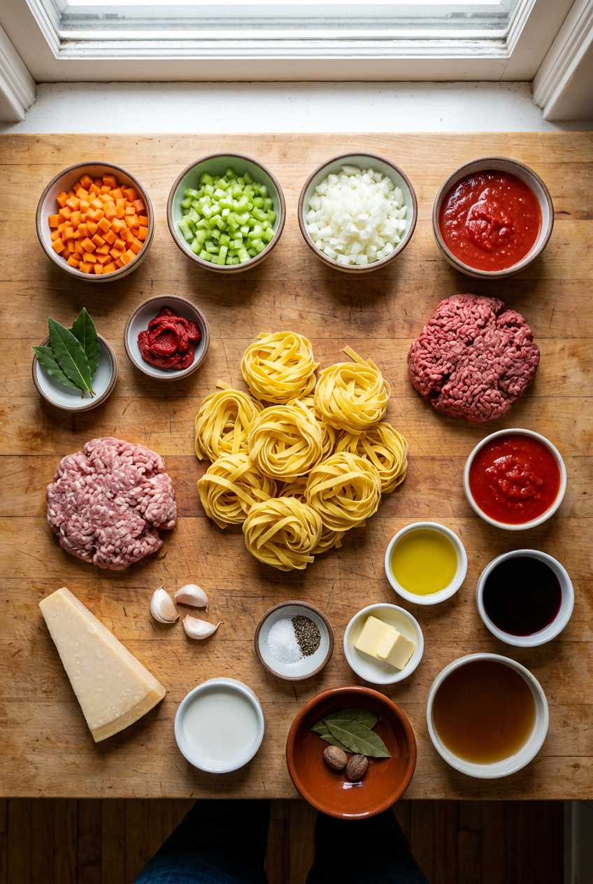 ingredients for Tagliatelle al Ragù (Classic Bolognese)