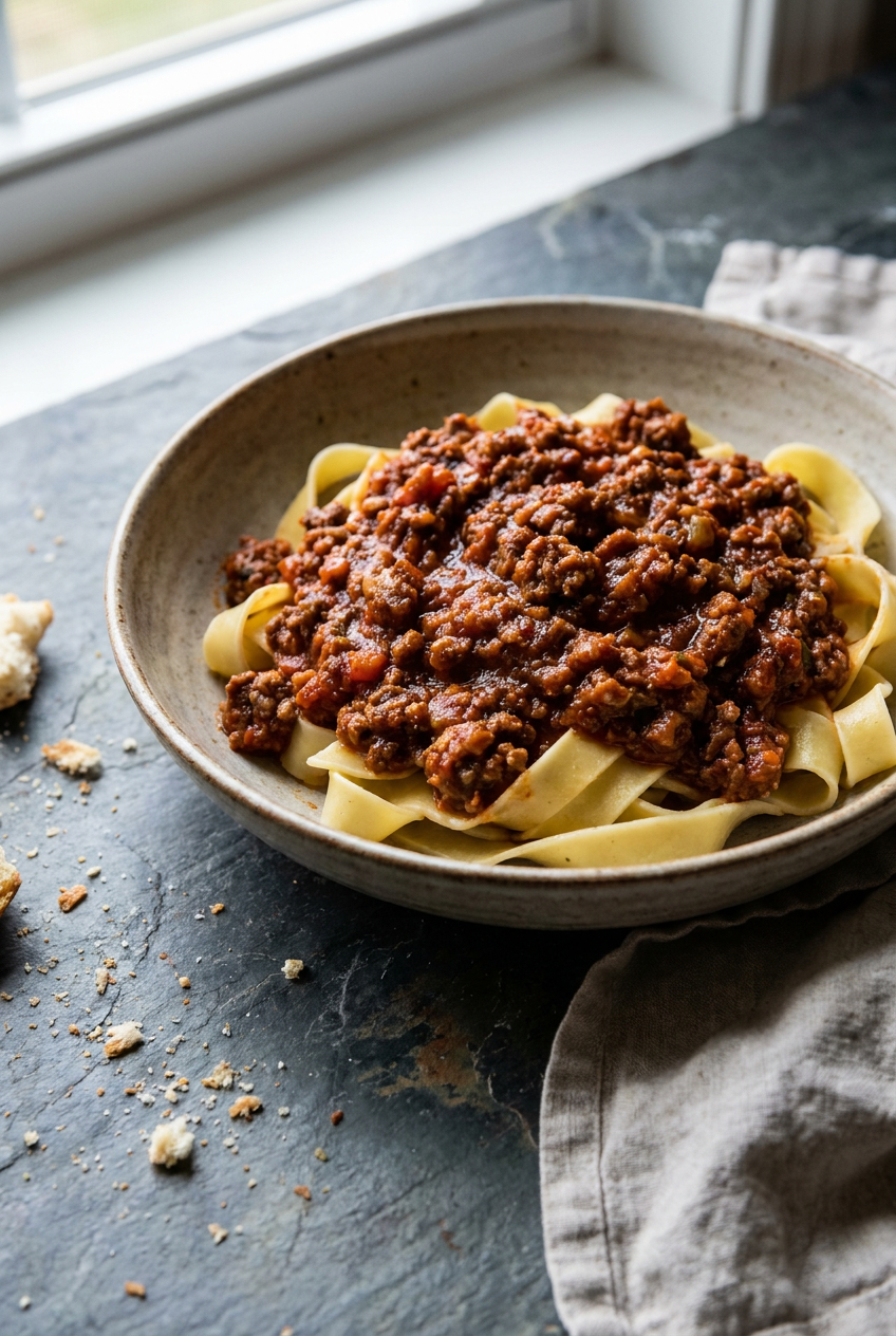 thick & rich bolognese sauce: the ultimate thickening guide recipe - Thick & Rich Bolognese Sauce: The Ultimate Thickening Guide served in a white bowl overhead view
