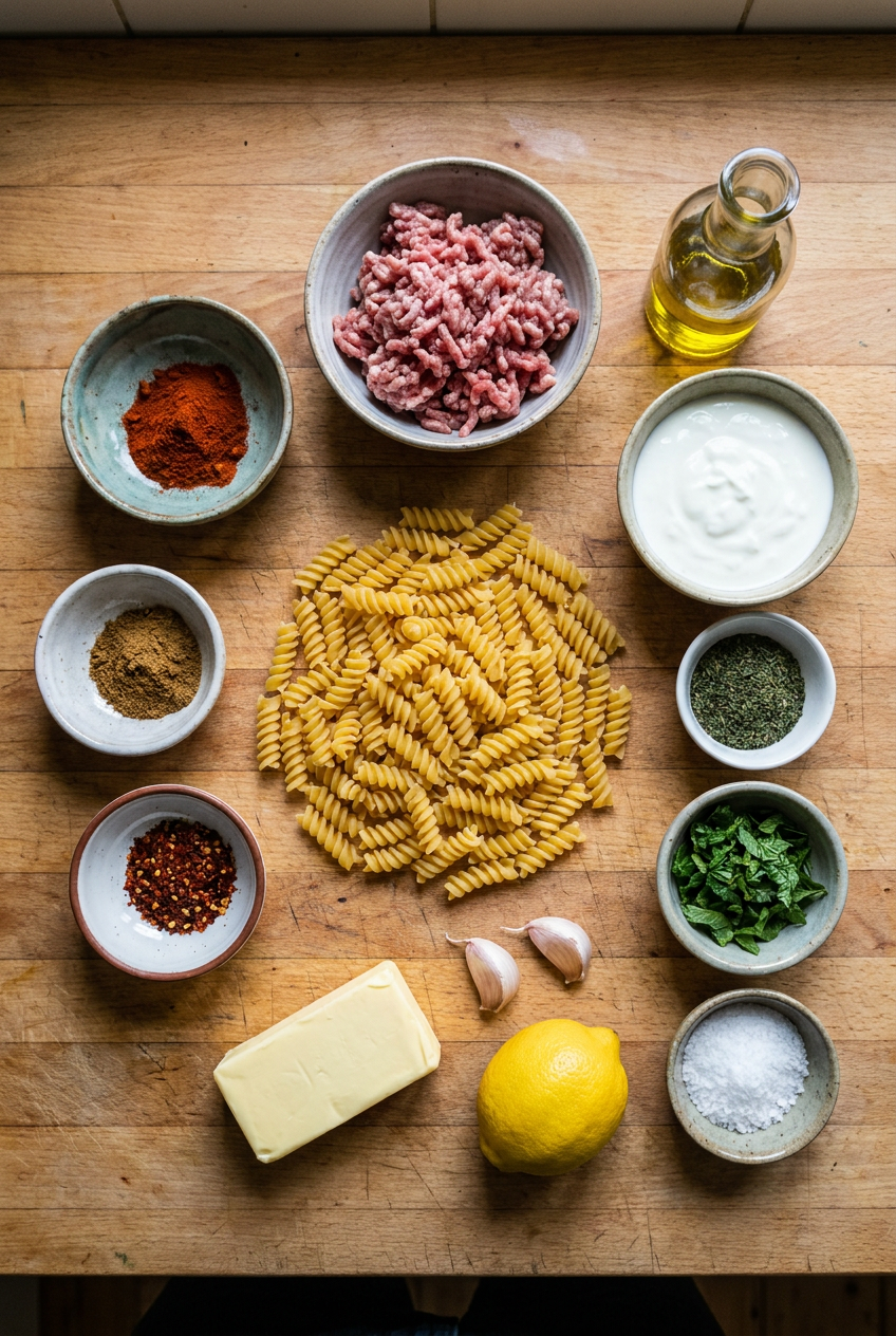 ingredients for Turkish Yogurt Pasta with Spiced Lamb and Mint Butter