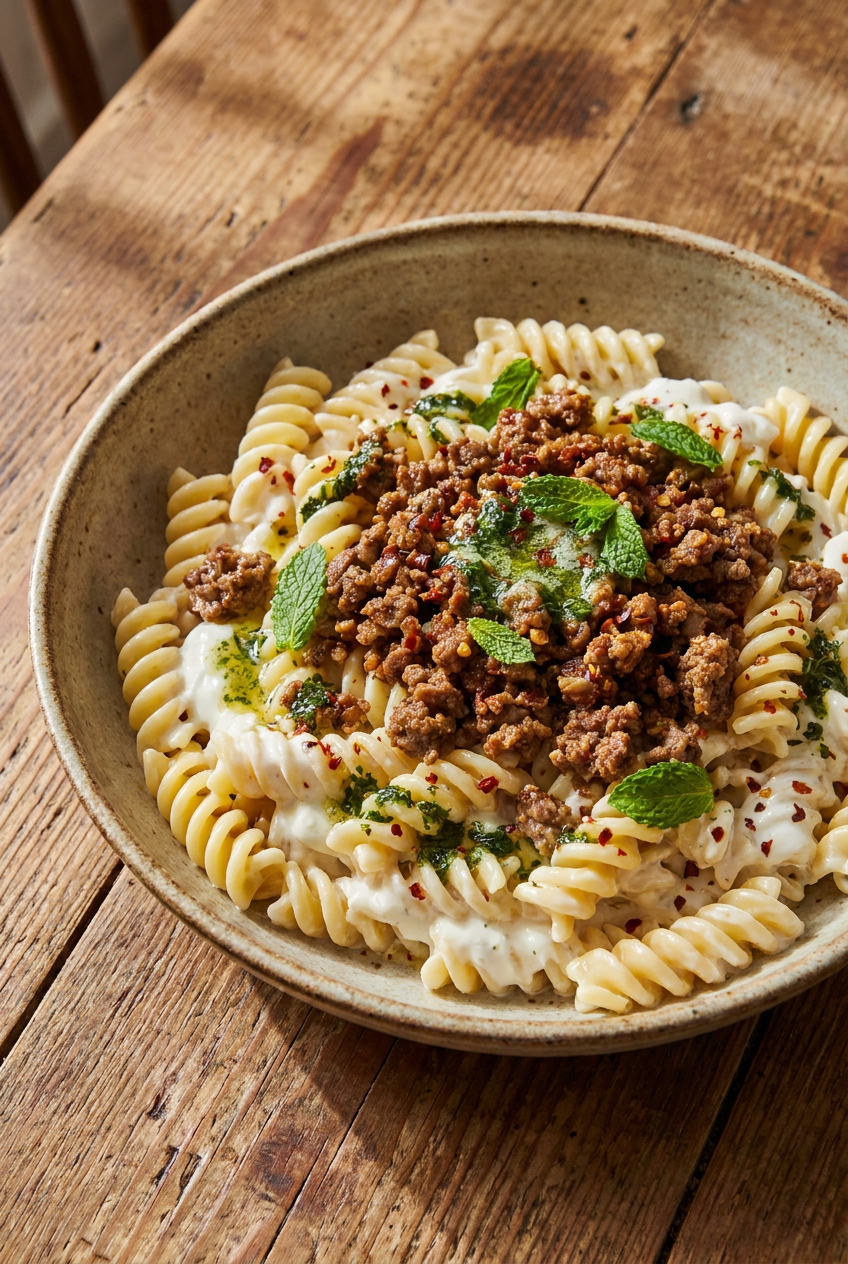 turkish yogurt pasta with spiced lamb and mint butter recipe - Turkish Yogurt Pasta with Spiced Lamb and Mint Butter served in a white bowl overhead view