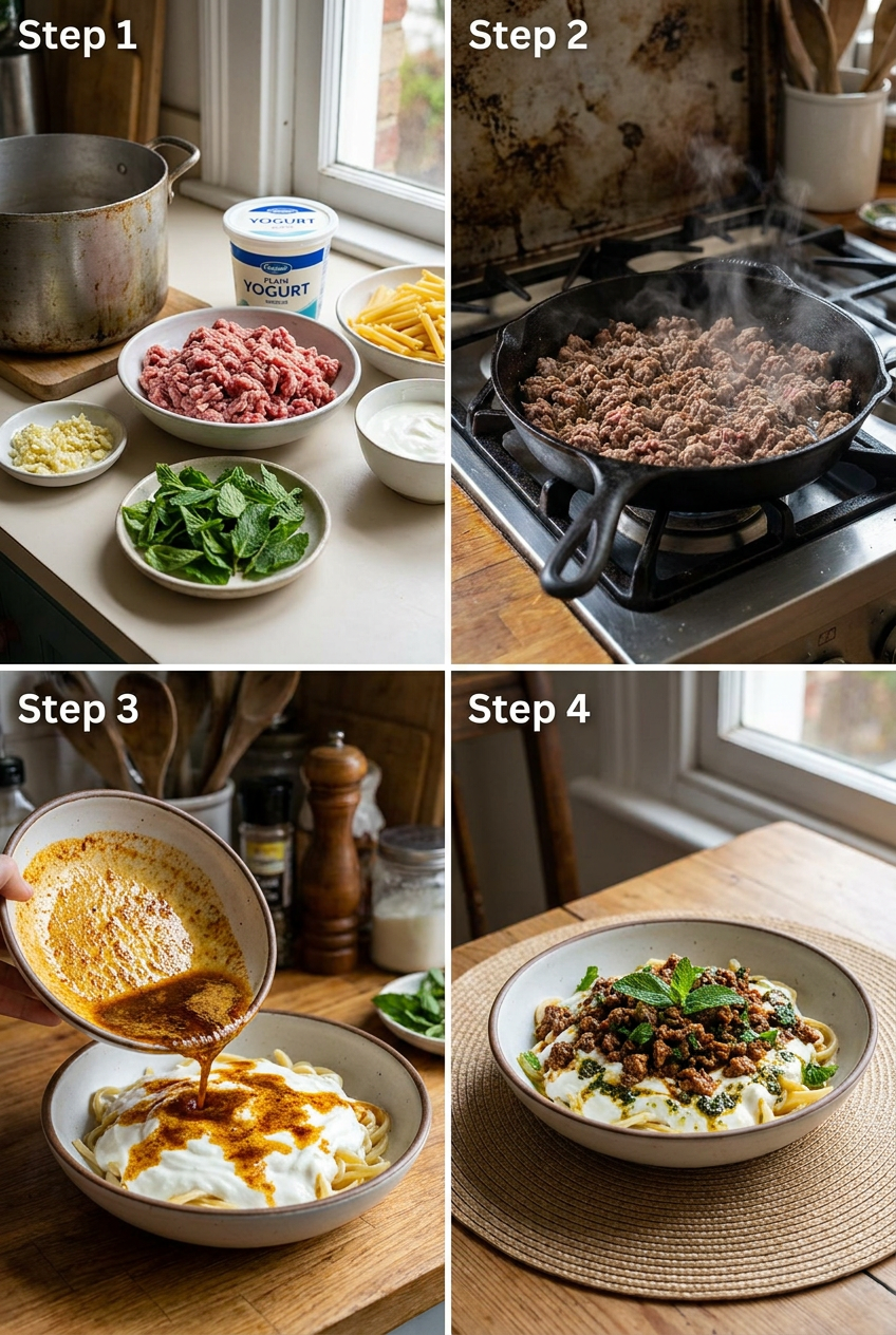 how to make Turkish Yogurt Pasta with Spiced Lamb and Mint Butter step by step