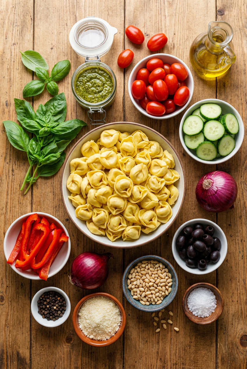 ingredients for Vibrant Pesto Tortellini Pasta Salad