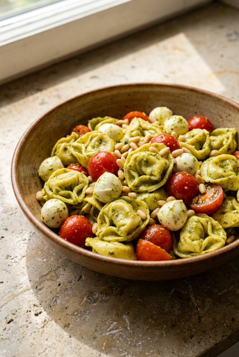 vibrant pesto tortellini pasta salad recipe - Vibrant Pesto Tortellini Pasta Salad served in a white bowl overhead view