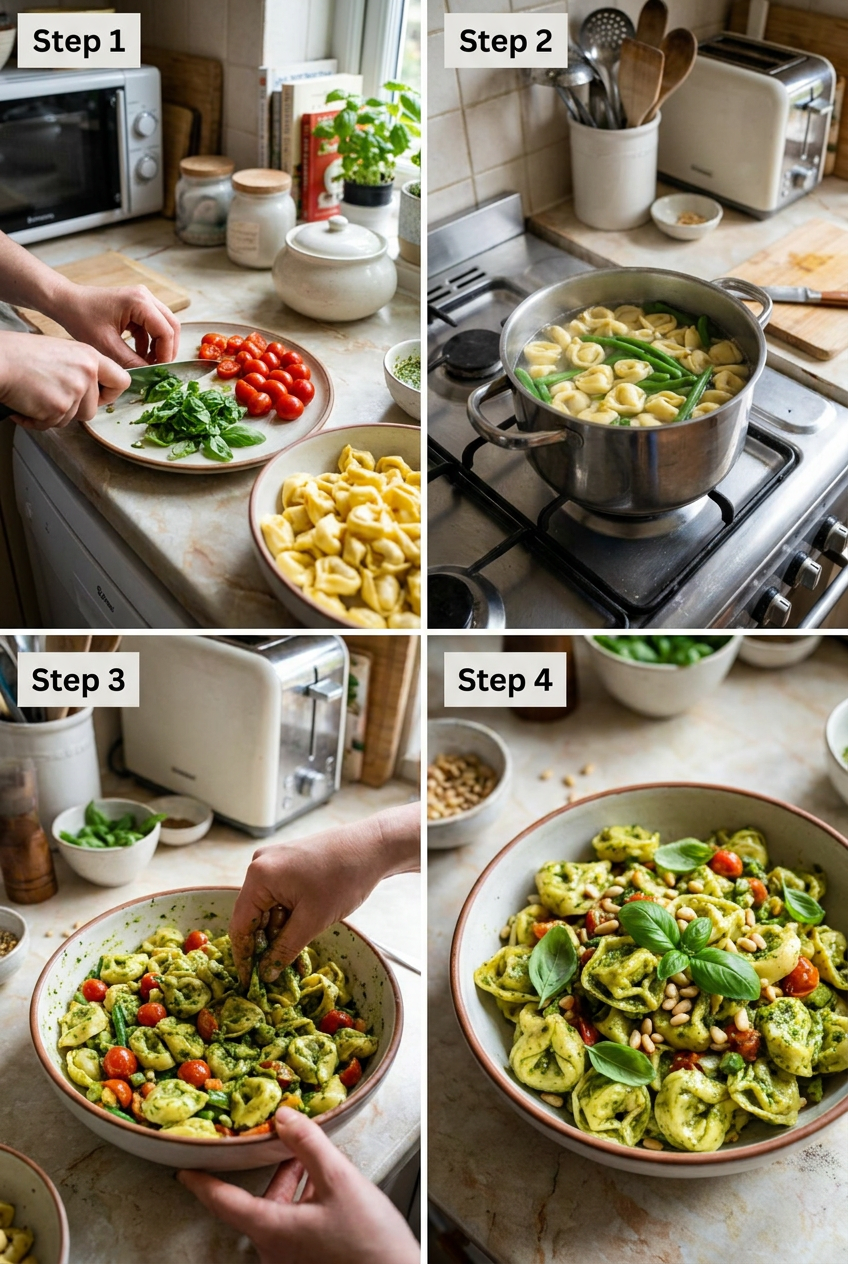 how to make Vibrant Pesto Tortellini Pasta Salad step by step